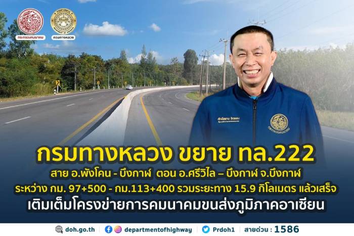 โครงการก่อสร้างทางหลวงหมายเลข 222 สาย อ.พังโคน-บึงกาฬ ตอน อ.ศรีวิไล-บึงกาฬ แล้วเสร็จ
